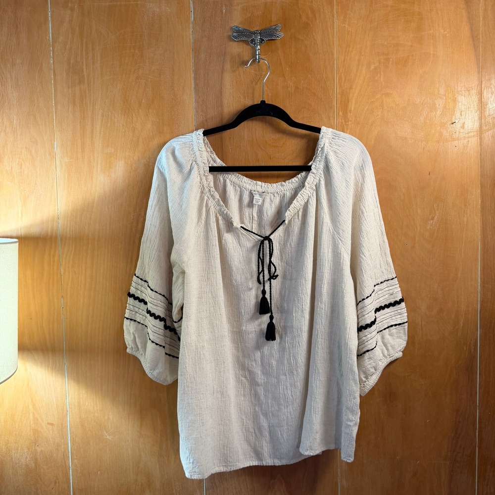 Cat 22/24W Cream Linen Blend Tassel Peasant Blouse Rickrack Top - Picture 1 of 6